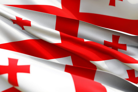 The national flag of Georgia from textiles close-up in three versions, soft focus
