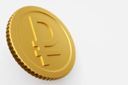 Gold coin with ruble sign isolated on white background. Income concept. 3D rendering.の写真素材