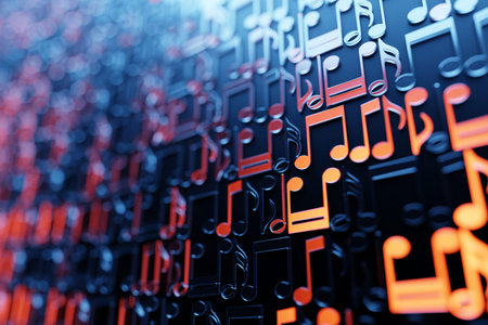 Black music sheet background with orange drawn notes. simple cartoon design. 3D illustrationの写真素材