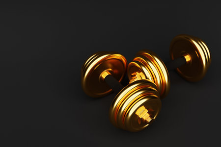 Shiny gold iron dumbbells on black isolated background. 3D rendering