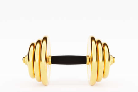 3D illustration metal gold dumbbell with disks on white background. fitness and sports equipmentの写真素材