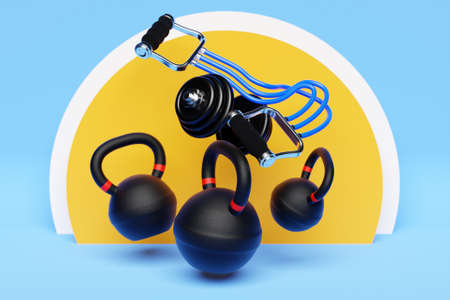 Bunch of fitness training weights on colorful background. Dumbbells, kettlebell, fitness rubber. 3D illustrationの写真素材