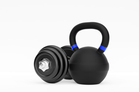 3D illustration metal black dumbbell with weight on white background. fitness and sports equipmentの写真素材