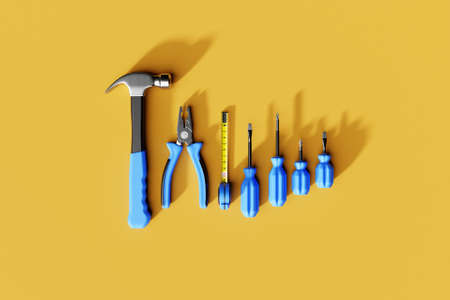 3D illustration screwdriver, hammer, pliers, screws, etc. for handmade. various working tools. Construction, construction, renovation concept.の写真素材