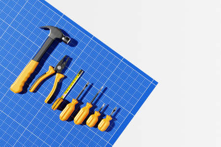 3D illustration screwdriver, hammer, pliers, screws, etc. for handmade. various working tools. Construction, construction, renovation concept.の写真素材