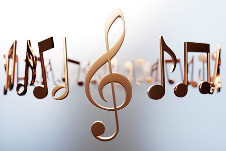 Realistic golden metal treble clef and musical notes on a white background. 3d golden musical symbol...