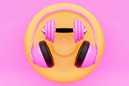 3D illustration metal pink dumbbell with disks and headphones on pink background. fitness and sports equipmentの写真素材