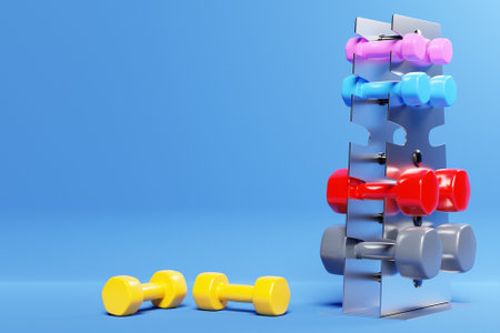 3d illustration multi-colored dumbbells lie on the shelves in accordance with the weight on a metal shelf on a blue background. Strength training equipment or weight loss concept.の写真素材