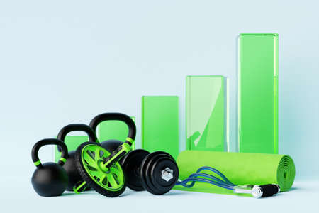 Training weights against the background of a growth graph on green isolated background. Dumbbells, kettlebells.の写真素材