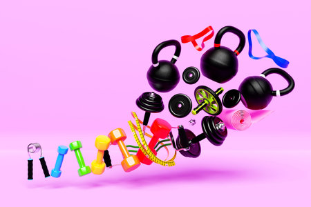 3d illustration of sports equipment for the gym or for home workouts. Fitness and healthy lifestyle....