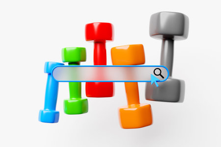3D illustration, search bar design element with sports equipment, colorful dumbbells. Search bar for...