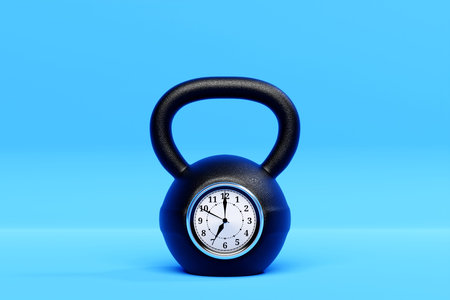 Training weight with clock on blue isolated background. Dumbbells, kettlebells.
