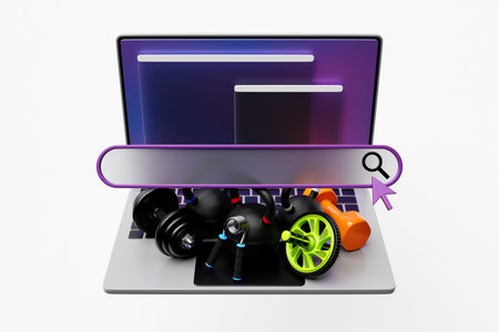 3D illustration, search bar design element with sports equipment: kettlebell, dumbbells, sports...