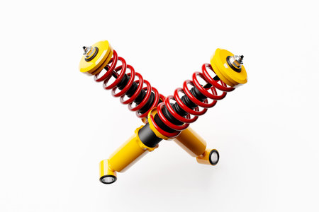 Two colorful shock absorbers on white background. 3d illustration. Suspension Parts