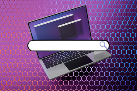 3D colorful illustration of a modern laptop with an information search bar on a honeycomb...