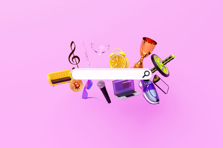 3D illustration, search bar design element with different equipment: roller, winner cup, sunglasses,...