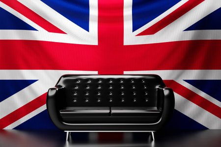Black leather sofa with the national flag of United Kingdom in the background. 3D illustration