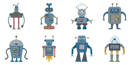 A set of eight multi-colored robots on a white background. Children's robo background. Color cute...