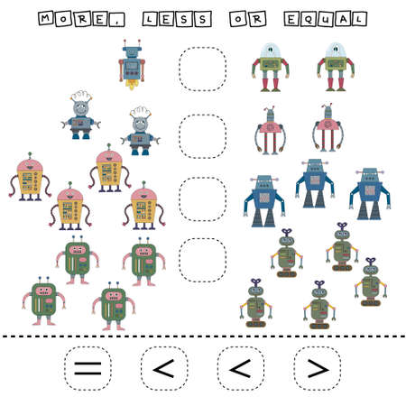 math problem: Greater, less, or equal. Count the number of cartoon colored robots and compare. Educational math game for kids.のイラスト素材