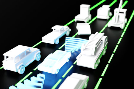 3d illustration car with safe distance with auto flow. The concept of a high-tech car with an...