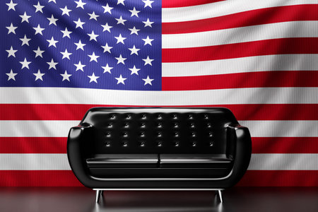 Black leather sofa with the national flag of USA in the background