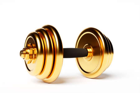 3D illustration metal golden dumbbell with disks on white background. fitness and sports equipmentの写真素材