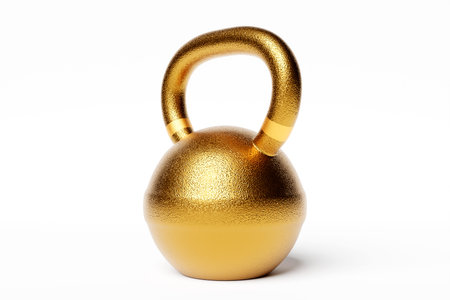 3D illustration metal golden weight on white background. fitness and sports equipmentの写真素材
