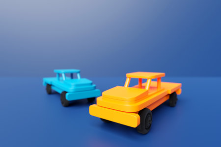 Pickup wooden yellow and blue cars design on blue background. 3d illustrationの写真素材