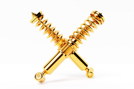 Two golden shock absorbers on white background. 3d illustration. Suspension Parts
