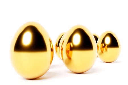3d illustration of golden chicken eggs lined up in even rows. Easter eggsの写真素材