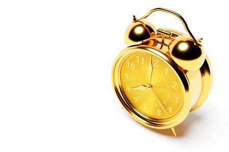 3d illustration golden realistic wake up alarm clock on white isolated background