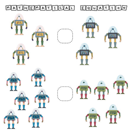 Which is greater, less or equal game with funny robots. Worksheet for preschool kids, kids activity sheet, printable worksheetのイラスト素材