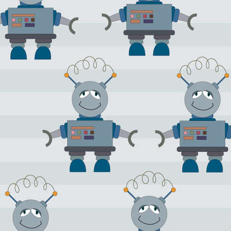 Cute cartoon robots on blue background. Cyborg icons set.のイラスト素材