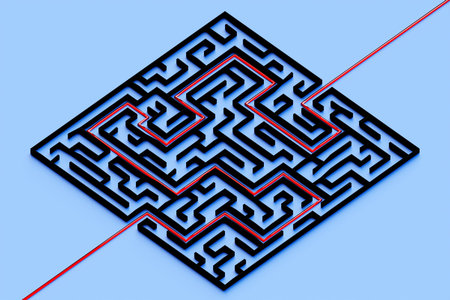 3d illustration of a black square corridor - puzzle. 3D Labyrinth with volumetric walls. Dungeon escape or puzzle level design.の写真素材