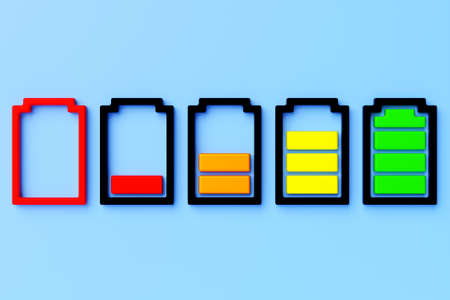 3D illustration of a close-up of multicolored batteries on a blue background. An unsafe way to use energy.の写真素材