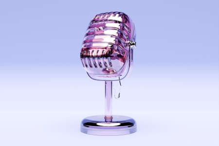 Pink transparent microphone icon on a blue background, close-up view. Live show, music recording, entertainment concept. 3d illustrationの写真素材