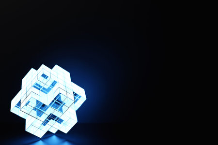 3d model of a blue light puzzle. Abstract bright polyhedron with tips on a black isolated background