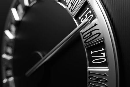 3D illustration close up black car panel, digital bright speedometer. The speedometer needle shows a maximum speed of 160 km / hの写真素材