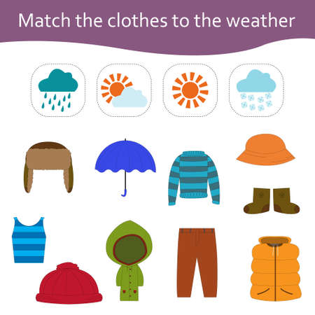 Match your clothes with the weather. Children's educational game.のイラスト素材