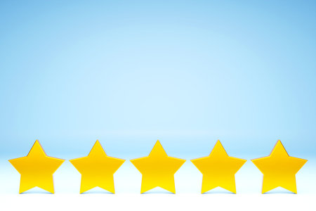 3D illustration. Five yellow stars glossy colors. Achievements for games. Customer rating feedback...