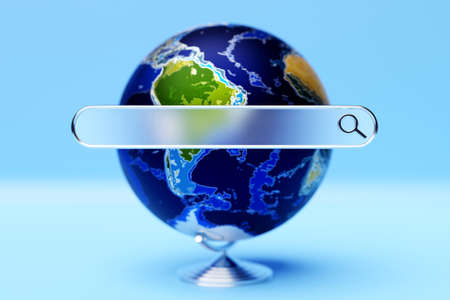 3d illustration of an internet search page and earth planet model with world map on a blue background. Search bar iconsの写真素材