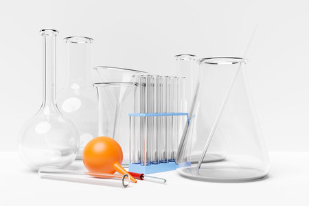 3d illustration of a set of laboratory instruments. Chemical laboratory research set on white...
