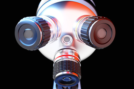 Realistic 3d microscope on black background, laboratory equipment. Microscope for laboratory...