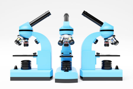 Realistic 3d microscope, laboratory equipment. Microscope for laboratory researchの写真素材