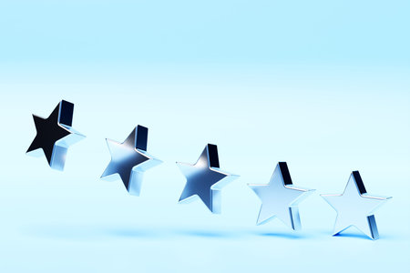 3D illustration. Five silver stars glossy colors. Achievements for games. Customer rating feedback...