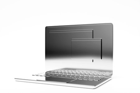 3D illustration of a silver laptop with an information search bar on a white background. The concept...