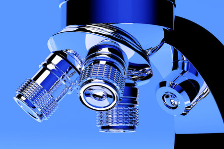 Realistic 3d microscope on purple background, laboratory equipment. Microscope for laboratory...