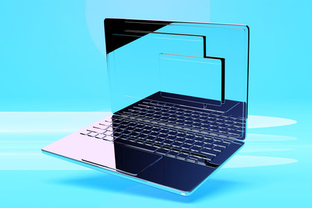 3D illustration of a silver laptop with an information search bar on a blue background. The concept...