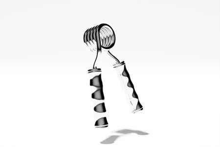3D illustration, silver iron arm expander or resistance band on white background. 3d rendering of sports equipment for fitness and powerliftingの写真素材
