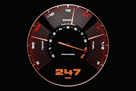3D illustration new car interior details. Speedometer shows 247 km h , tachometer with black...